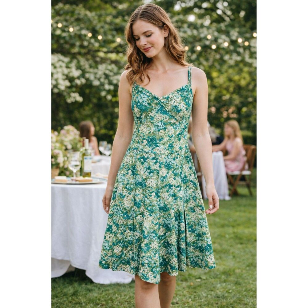 VTG 90s Ann Taylor Summer Sun Dress 8 Turquoise Blue Green White Floral Fitted